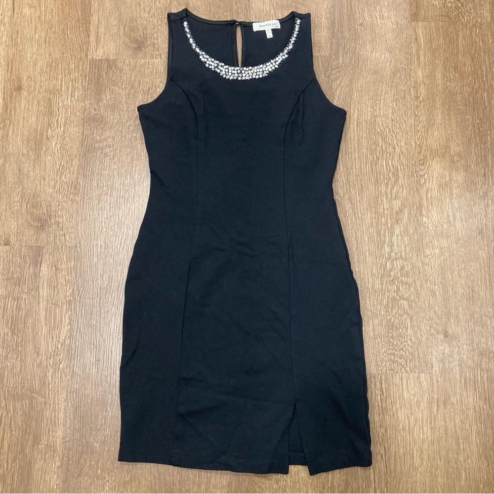Monteau Black Dress with Rhinestone Beaded Neckline Size Medium